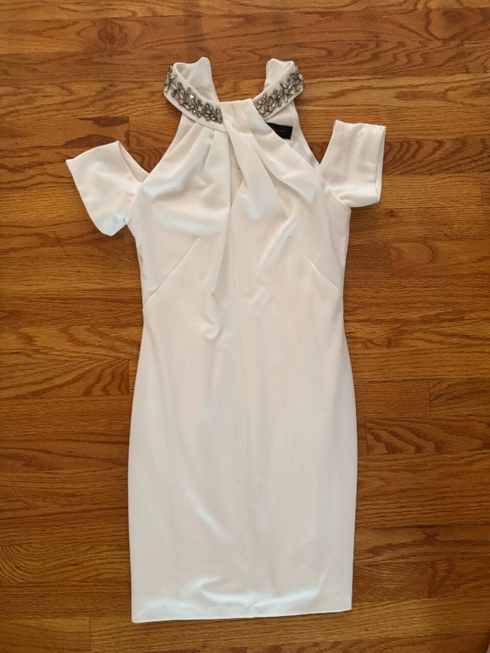 Aqua Dresses White Rhinestone Cold-Shoulder Cocktail Dress